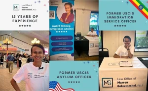 A collage features a Fort Worth immigration attorney with 15 years of experience, shown at tables with displays and office signs, and highlights her former roles with USCIS.